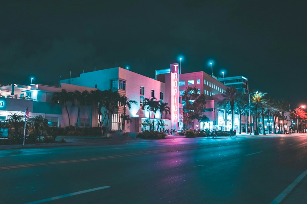 Art Deco buildings and palm trees on Miami Beach at night